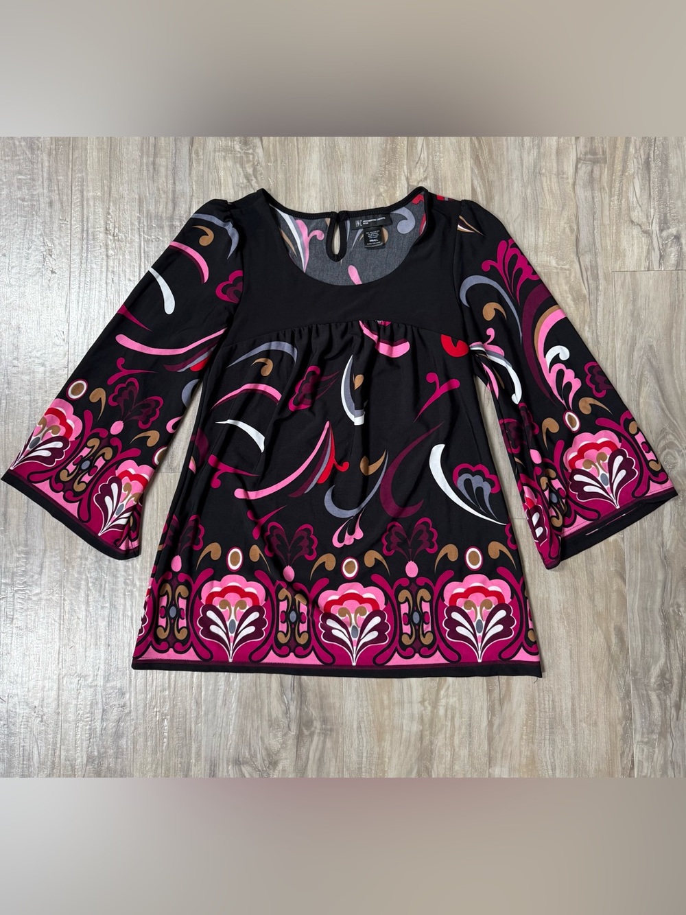 INC International Concepts Black Tunic with Pink and White Floral Border